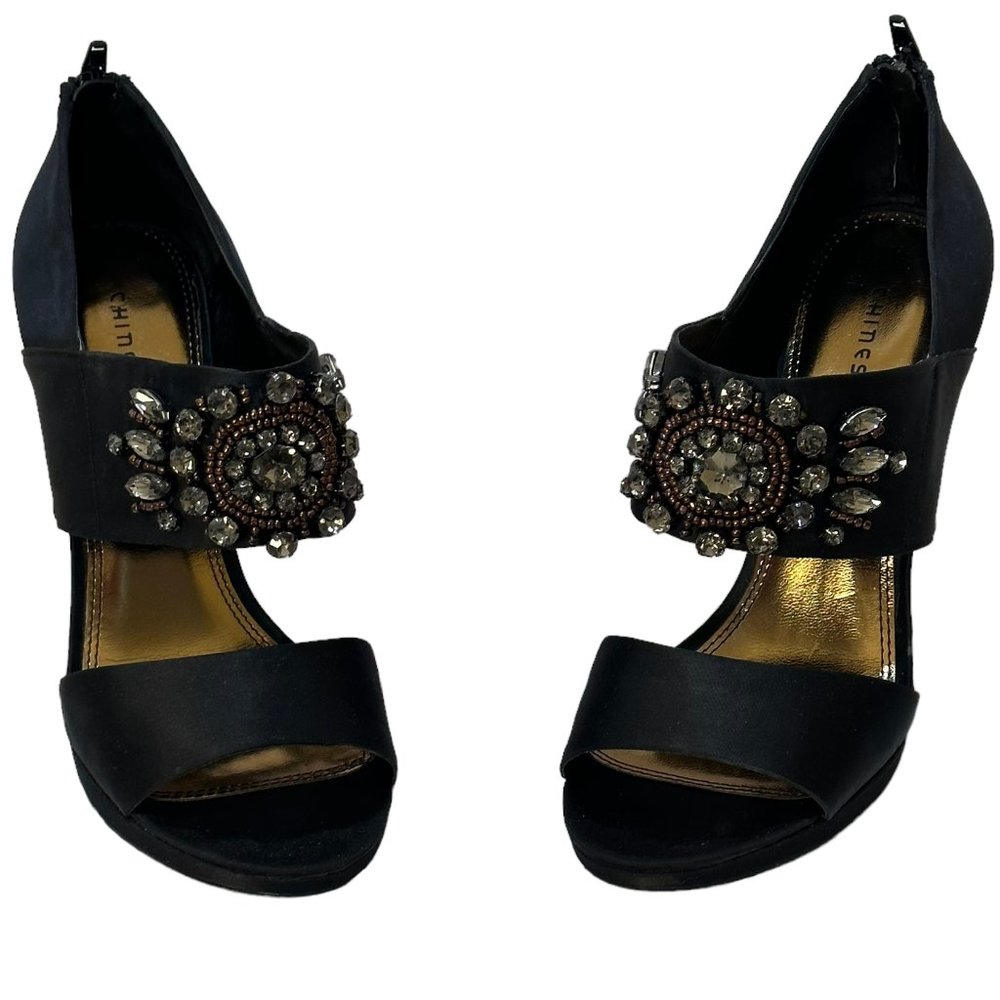 (9-227) Black Satin Stilettos with Crystals - Chinese Laundry